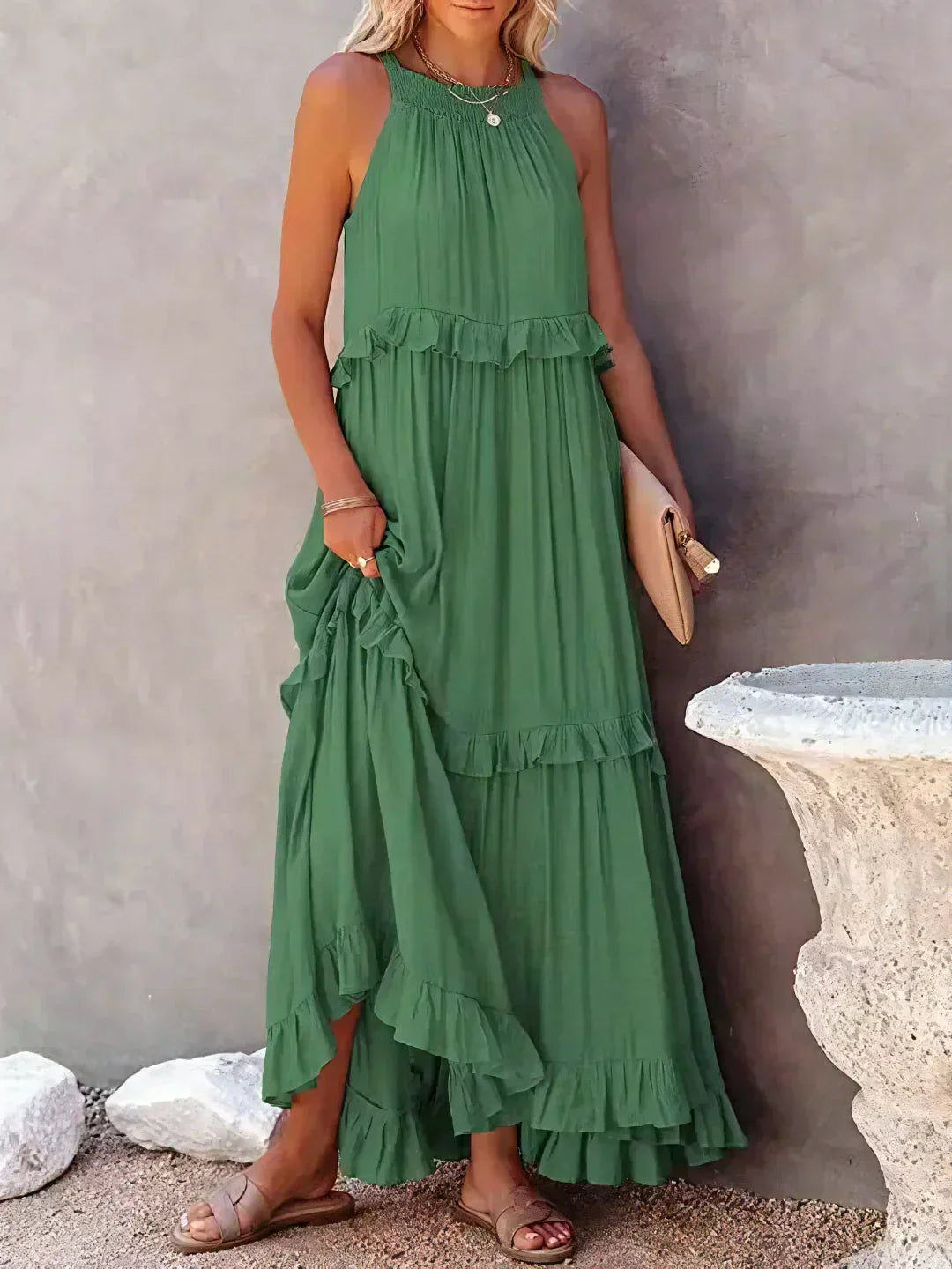 Charlize - Sunshine Breeze Halter Ruffle Maxi Dress with Pockets