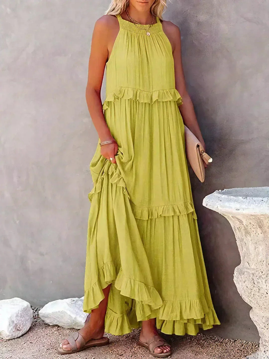 Charlize - Sunshine Breeze Halter Ruffle Maxi Dress with Pockets