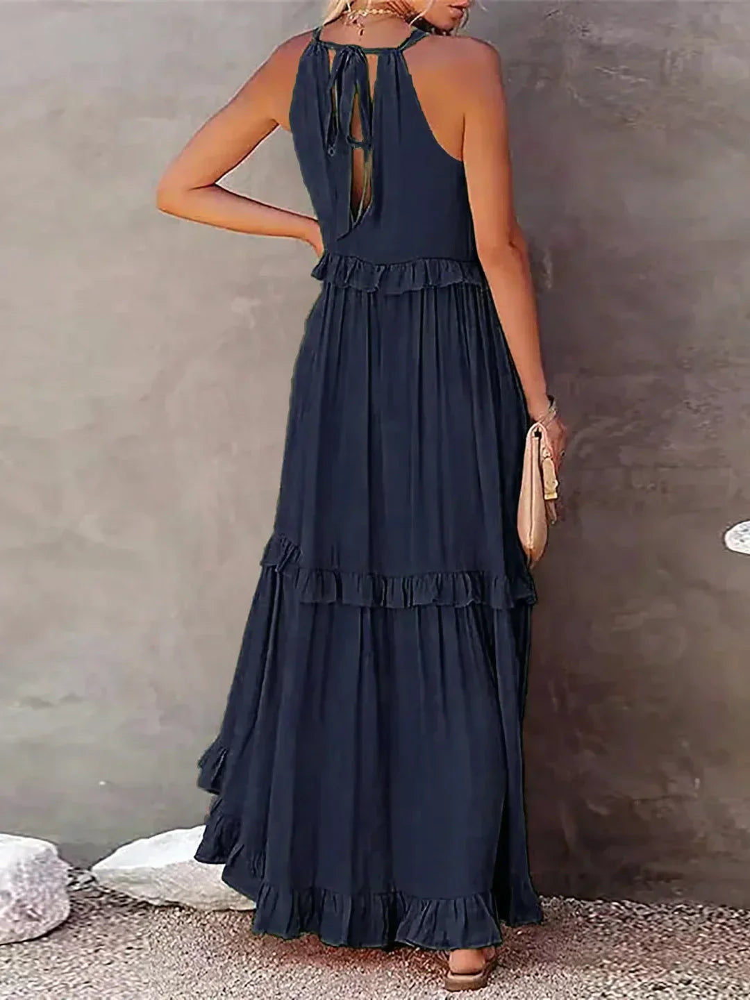Charlize - Sunshine Breeze Halter Ruffle Maxi Dress with Pockets