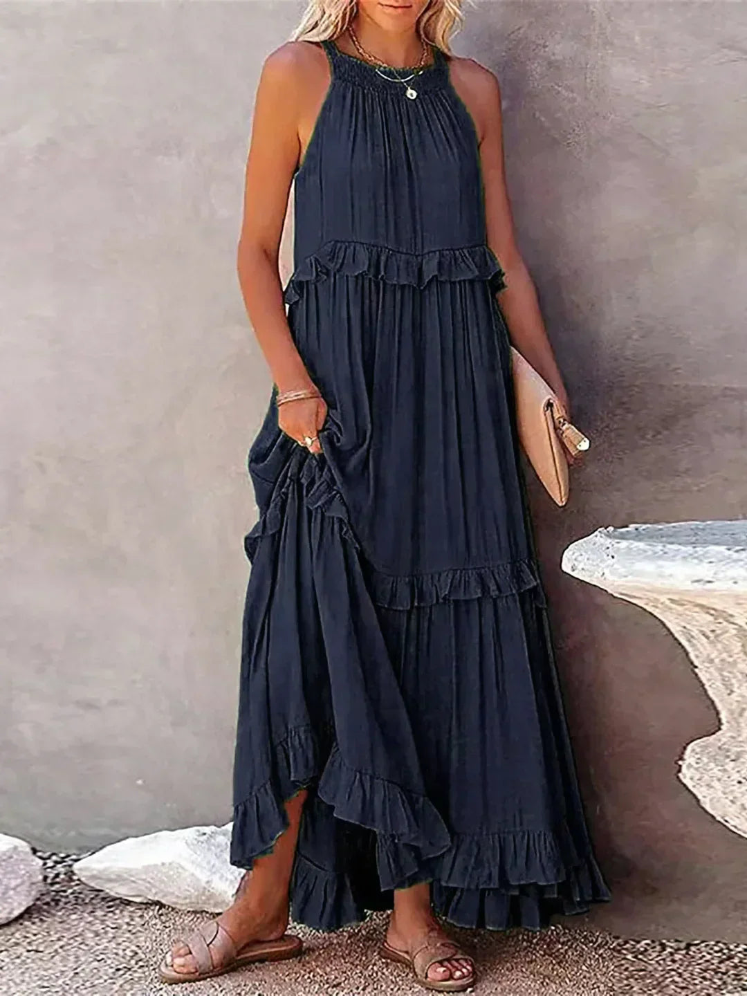 Charlize - Sunshine Breeze Halter Ruffle Maxi Dress with Pockets