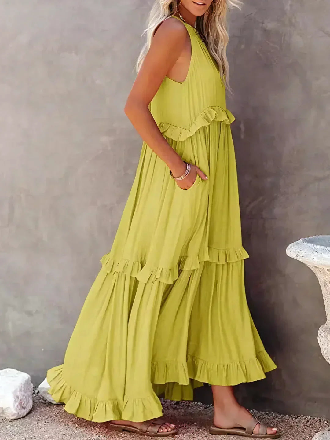Charlize - Sunshine Breeze Halter Ruffle Maxi Dress with Pockets