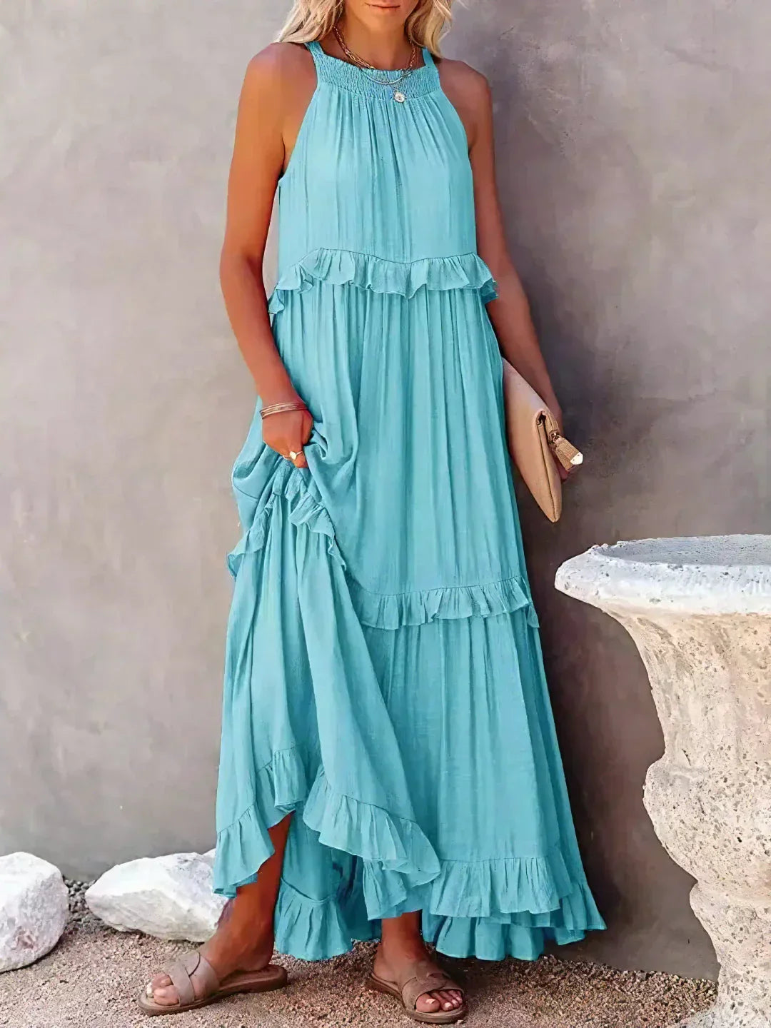 Charlize - Sunshine Breeze Halter Ruffle Maxi Dress with Pockets