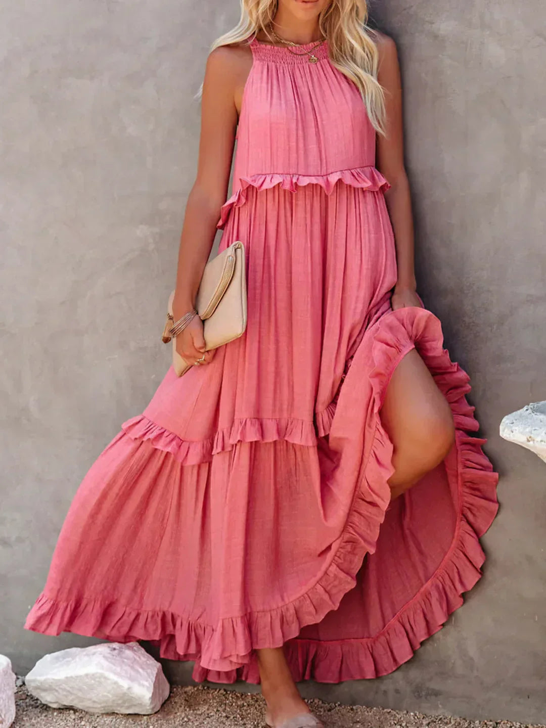 Charlize - Sunshine Breeze Halter Ruffle Maxi Dress with Pockets