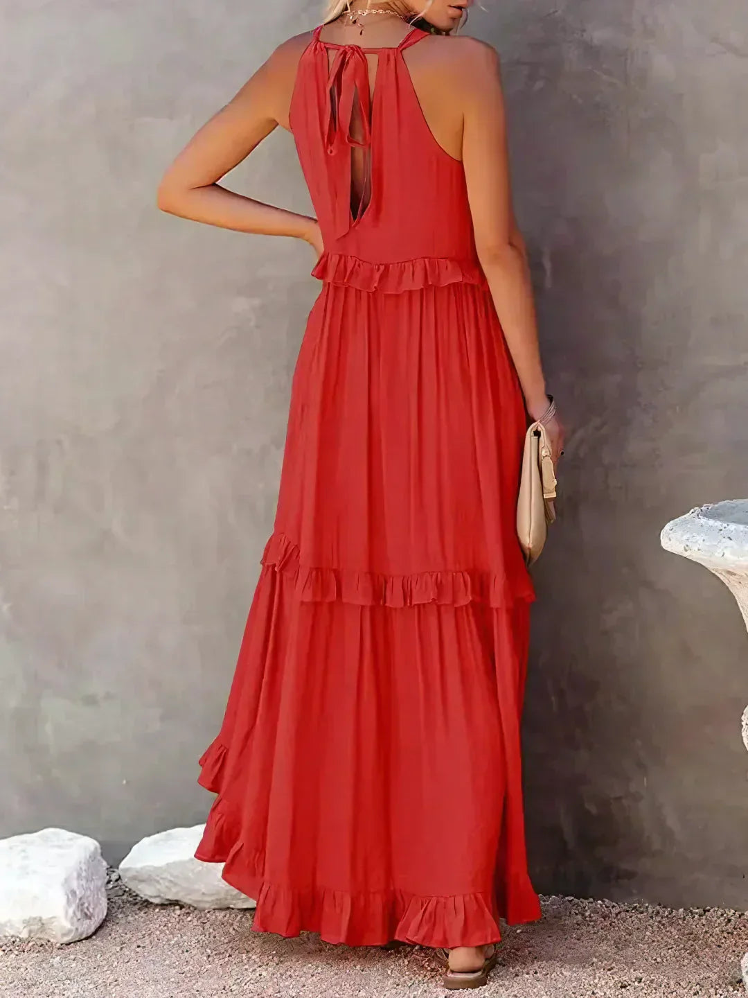 Charlize - Sunshine Breeze Halter Ruffle Maxi Dress with Pockets