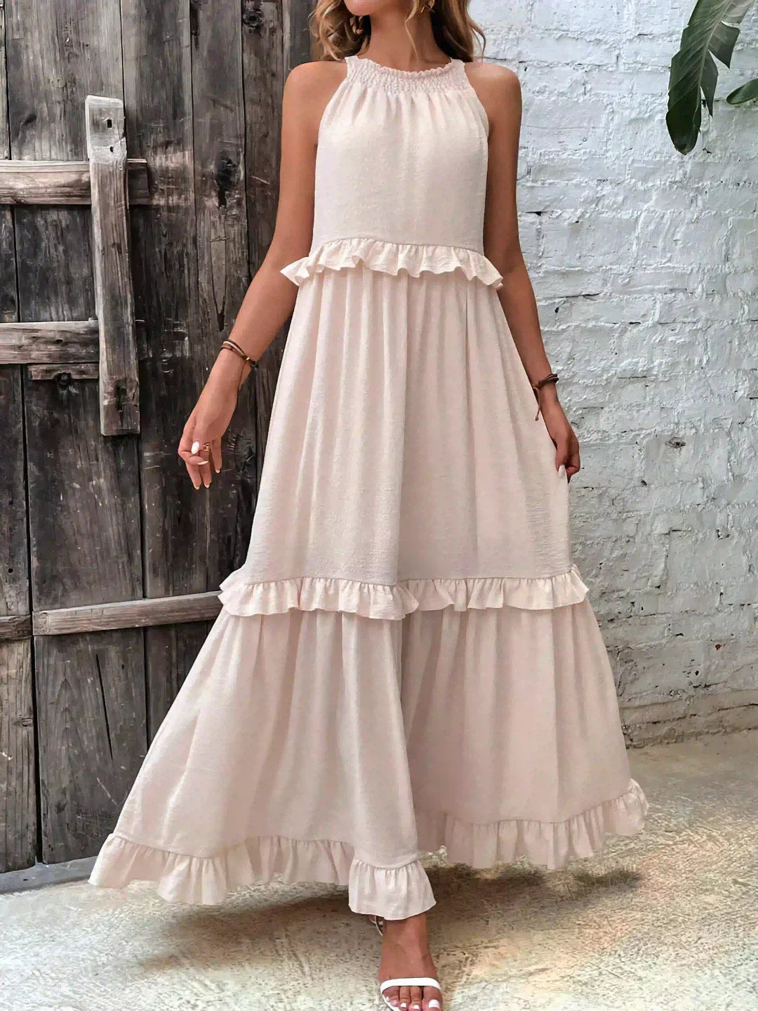 Charlize - Sunshine Breeze Halter Ruffle Maxi Dress with Pockets