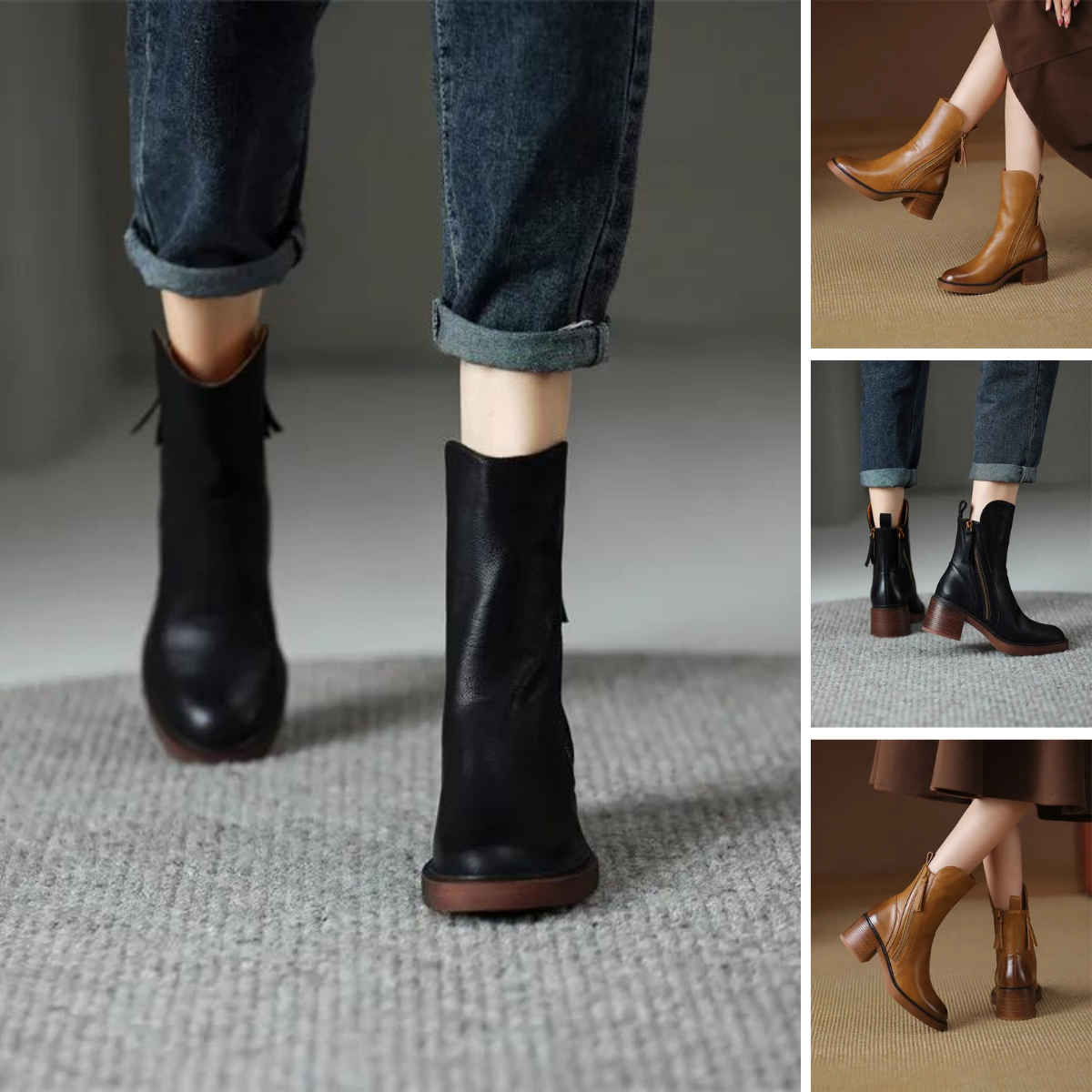 Mabel - The Fashion Round Toe Thick Heel Leather Boots