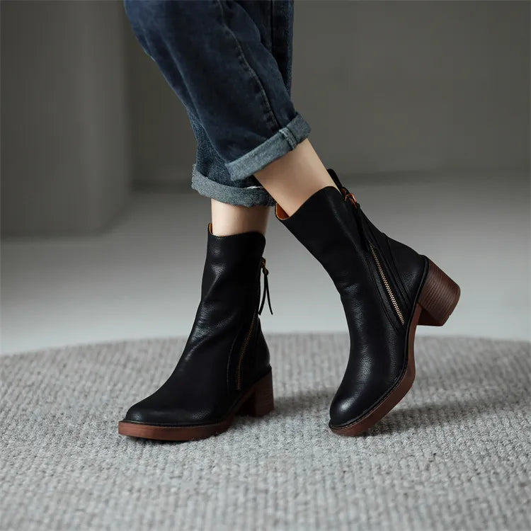 Mabel - The Fashion Round Toe Thick Heel Leather Boots